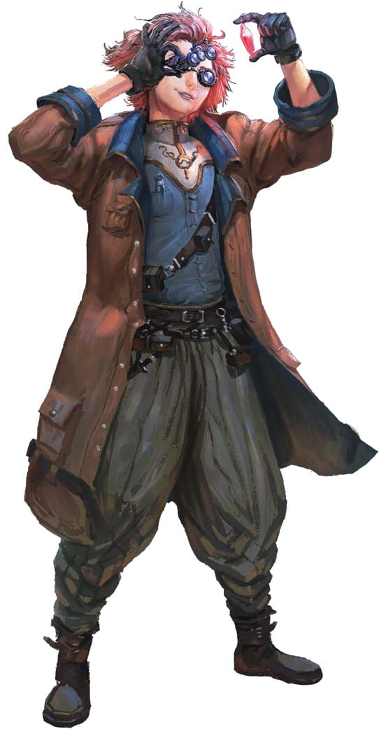 Deseno de um homem com cabelos rosados desgrenhados, usando óculos d inventor steampunk m várias lentes de aumento, sorrindo. Ele está analisando uma pedra vermelha Veste uma jaqueta marrom or cima d um conjunto azull, e suas mãos tem luvas.