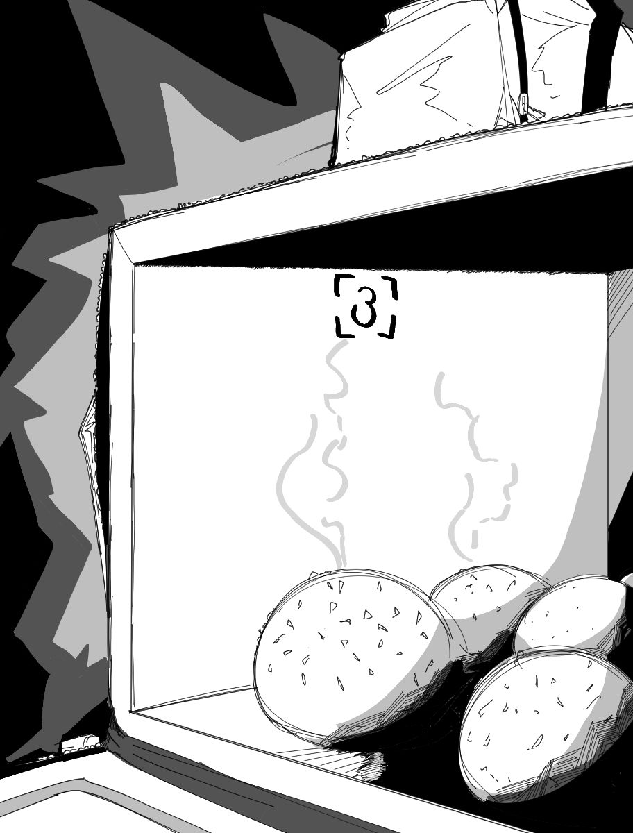 O desenho mostra uma mochila de entregas aberta. Em seu interior estão quatro pães cervejinhas recém saídos do forno. No topo da imagem há o número três para indicar o capítulo.