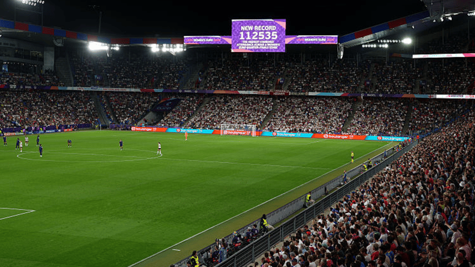 The LED screen reads "New Record, 112535, The Highest combined attendance across a women's EURO quarter-finals stage" during the UEFA Women's EURO 2025 Quarter-Final match between France and Germany at St. Jakob-Park on July 19, 2025 in Basel, Switzerland. 