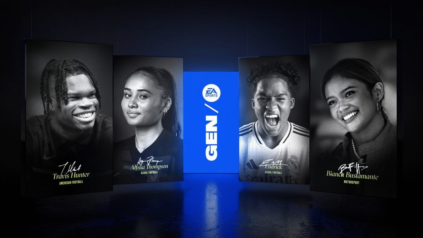An EA Sports graphic with headshots of Travis Hunter, Alyssa Thompson, Endrick, and Biana Bustamante