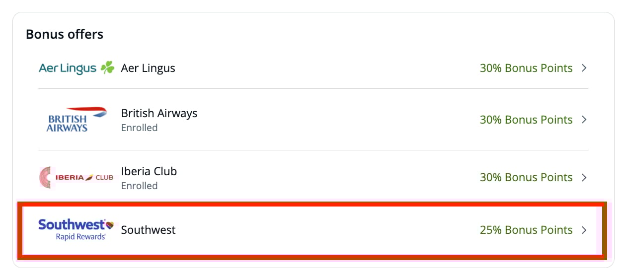 25% bonus to Southwest