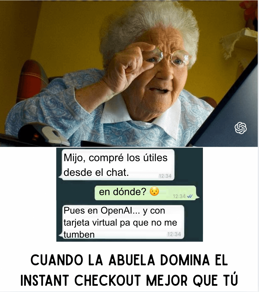 Meme de una abuela comprando por chat con Instant Checkout de OpenAI, mostrando un chat de confirmación.