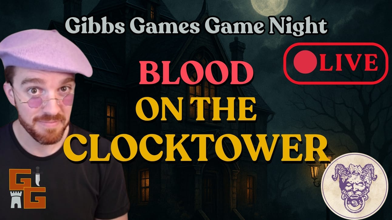 YouTube thumbnail for a Gibbs Games Game Night stream of Blood on the Clocktower. Matthew wears a light purple beret and round pink glasses, standing in front of a spooky, gothic mansion under a full moon. The words 'LIVE' and 'Blood on the Clocktower' are highlighted in bold letters. Gibbs Games logo and a purple demon emblem appear in the corners.