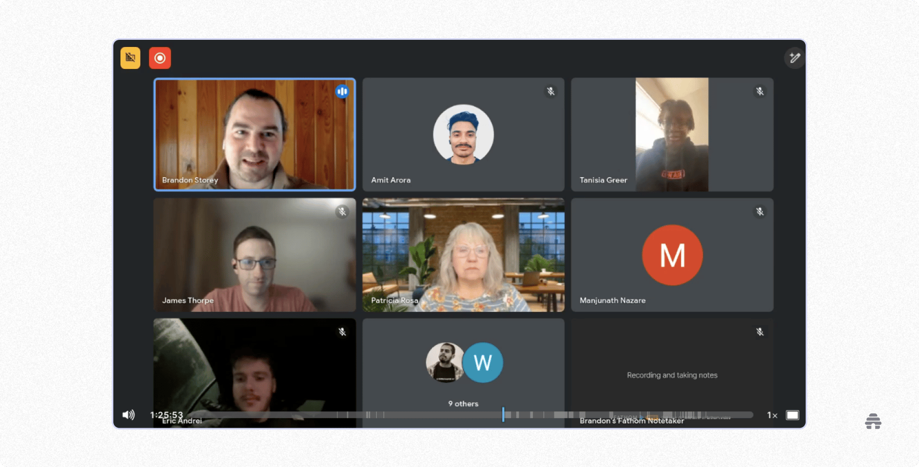 A virtual meeting with multiple participants on a video conferencing platform, showing a mix of live video feeds and profile icons, with one speaker highlighted and others muted during an online discussion or team session.