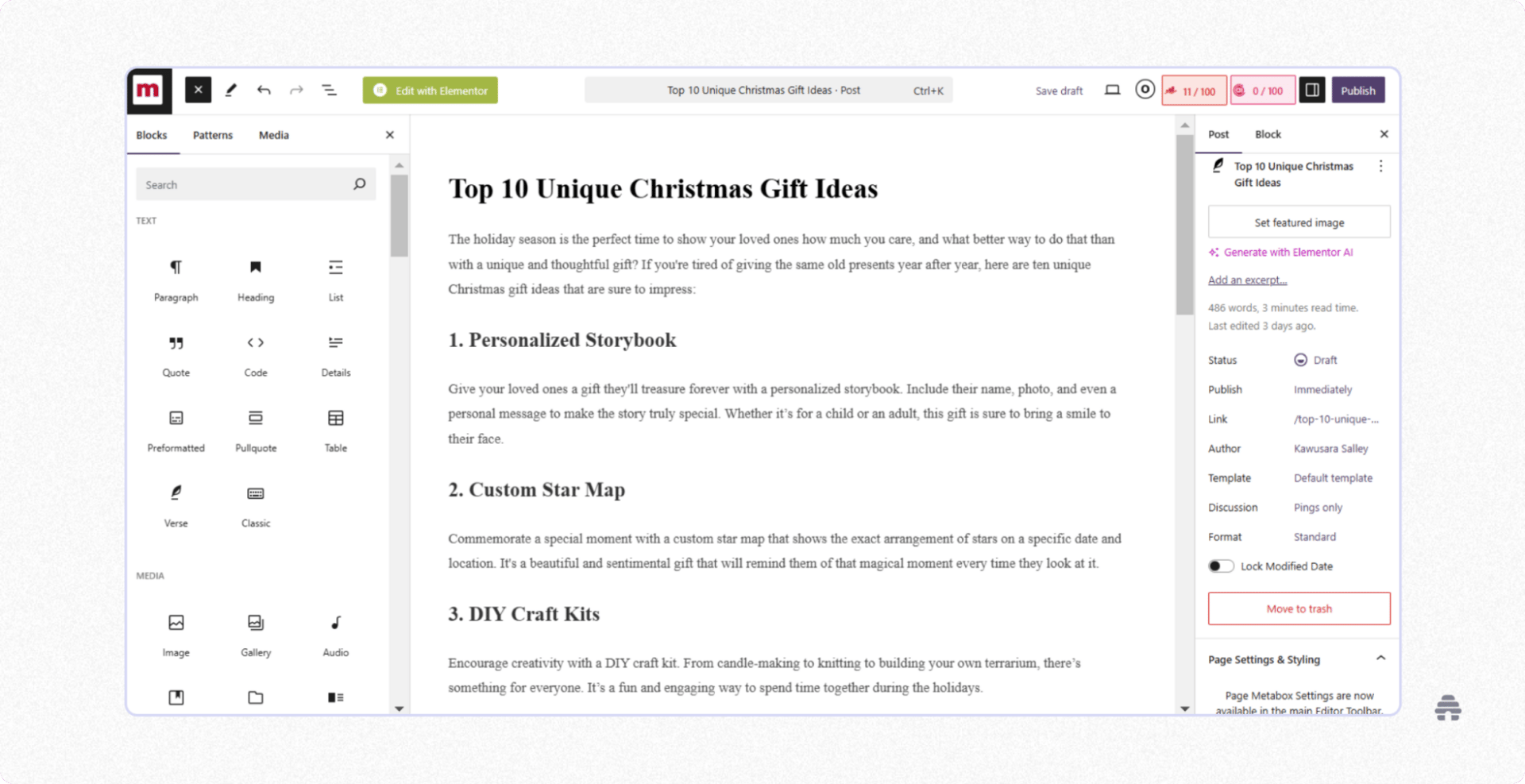 WordPress Gutenberg editor displaying a blog post titled “Top 10 Unique Christmas Gift Ideas” with content blocks and publishing settings. Shows how creators write, edit, and format blog content in the WordPress block-based editor.