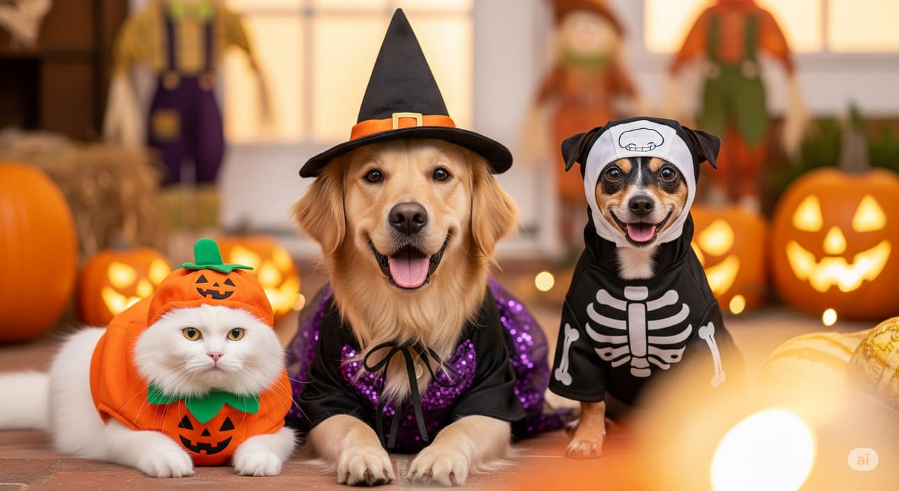 A 16:9 image shows various pets dressed in classic Halloween costumes such as pumpkins, witches, and skeletons. The pets are pictured in either a home setting or outdoors, and the bottom right-hand corner of the image features light colors.