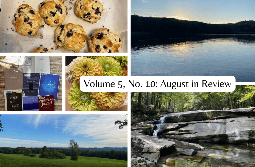 A grid of photos, including blueberry scones, a waterfall on a river, a hilltop pasture, the lake at sunset, and a pile of books, with the words: Volume 5, No. 10: August in Review in the center.
