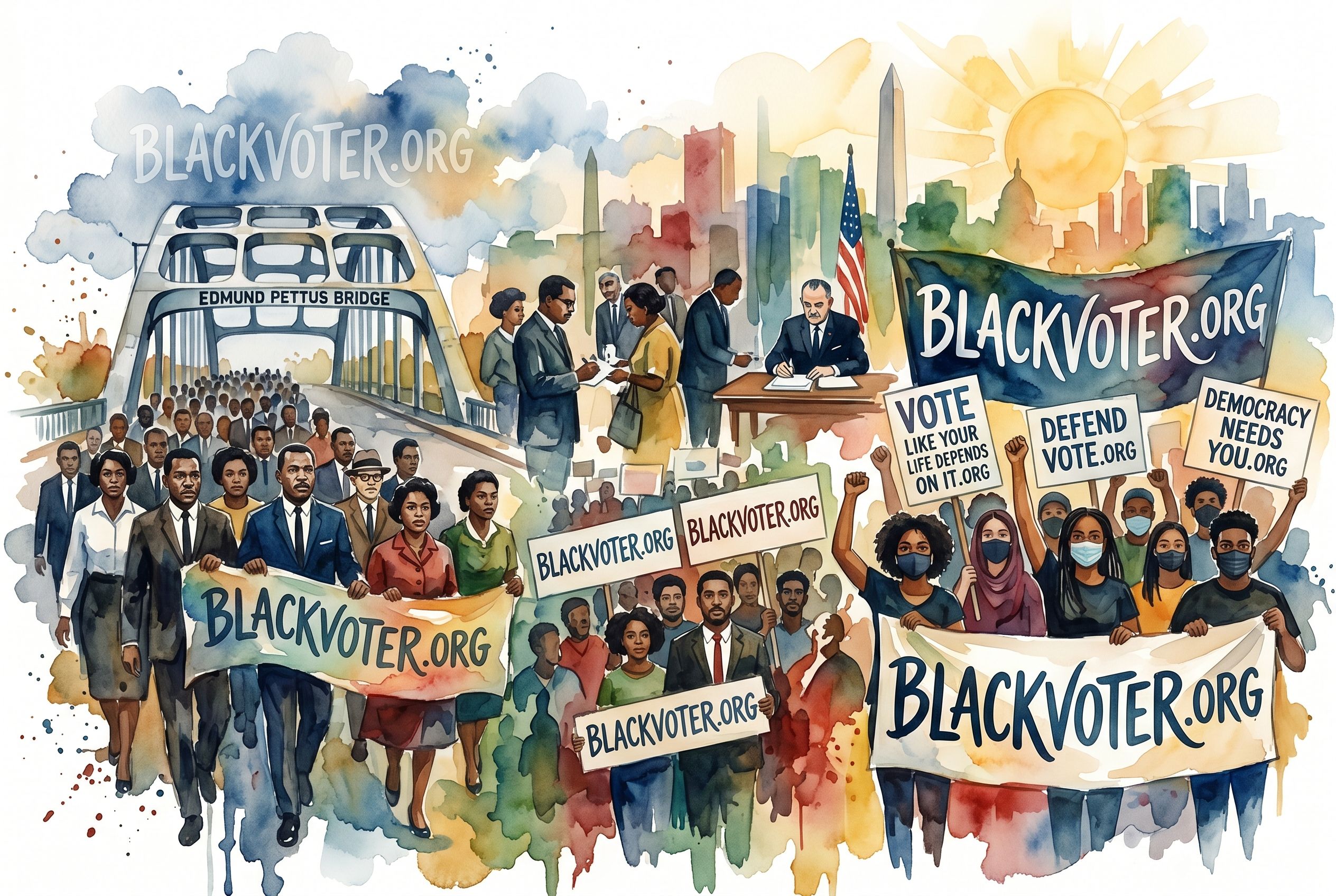 he Fight for Voting Rights (Modern Watercolor Style) A flowing watercolor image depicting iconic moments from the fight for voting rights, from the Selma marches to modern-day Black Lives Matter protests. The soft, abstract blend of colors conveys both st