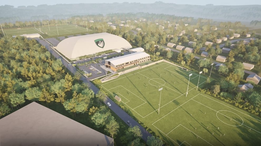 an aerial rendering of the announced boston legacy performance center