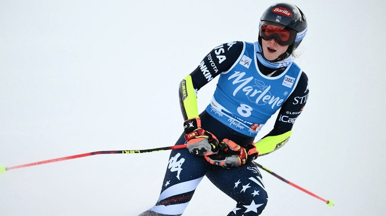 US' Mikaela Shiffrin reacts after the second run of the Women's Giant Slalom event of FIS Alpine Skiing World Cup