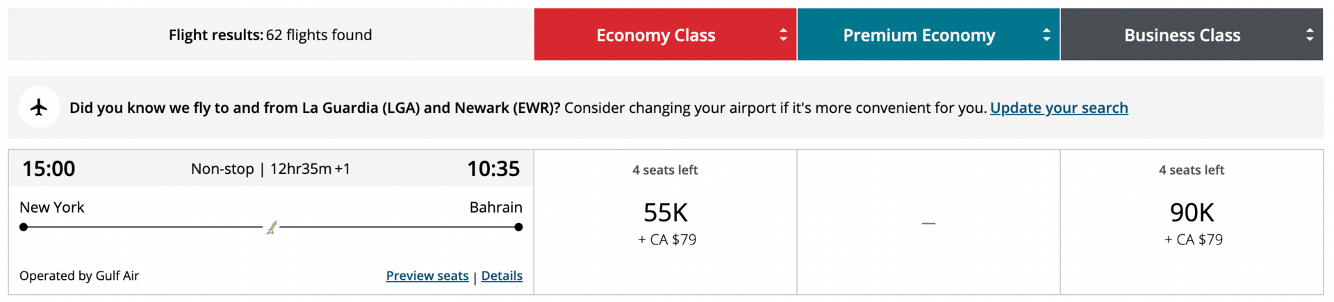 New York to Bahrain for 90k points in business