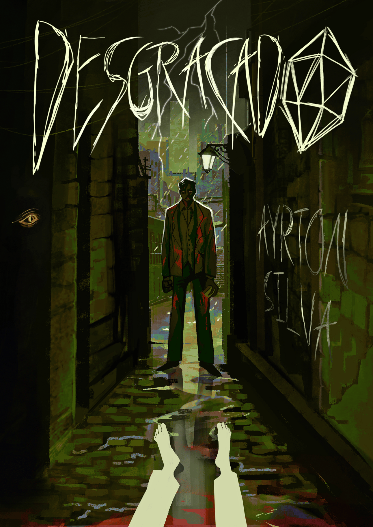 Capa de Desgraçado, de Ayrton Silva. Mostra um homem de terno coberto de sangue de pé em um beco, diante de um cadáver.