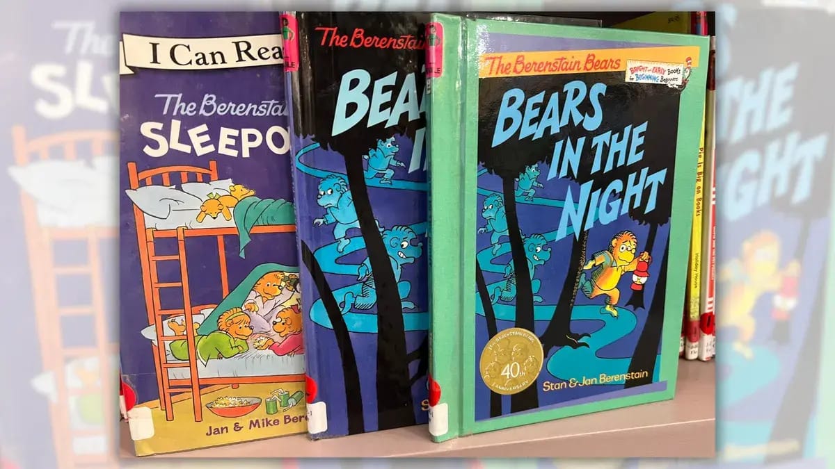 Three books are shown from "The Berenstain Bears" series. The top one says "BEARS IN THE NIGHT" and shows one bear being chased by 3 others on a path in the woods.