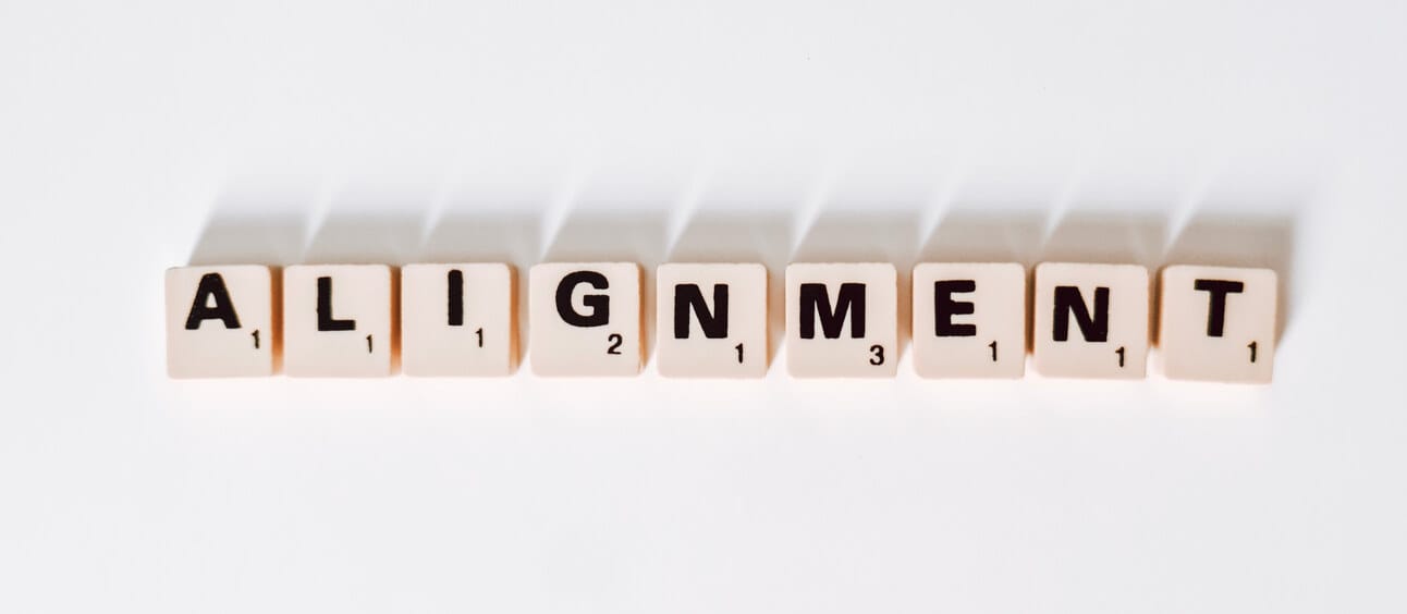 Scrabble tiles on a white background, spelling: ALIGNMENT