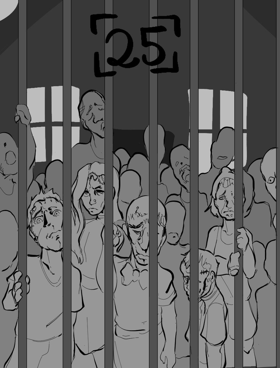 Desenho monocromático. O desenho mostra um conjunto de pessoas com proporções infantis atrás de uma grade. Elas encaram o espectador com expressões de medo, dor e raiva. O rosto de cada uma delas possui costuras, e as feições costuradas são adultas. No topo há o número vinte e cinco para indicar o capítulo.