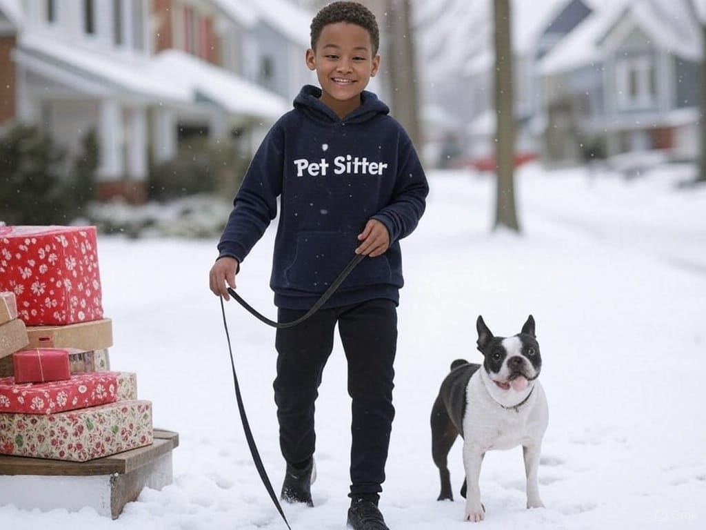 A black teen smiling while walking a boston terrier through a snowy neighborhood, holding a treat pouch and wearing a “Pet Sitter” hoodie, with wrapped gifts and paw prints in the snow.