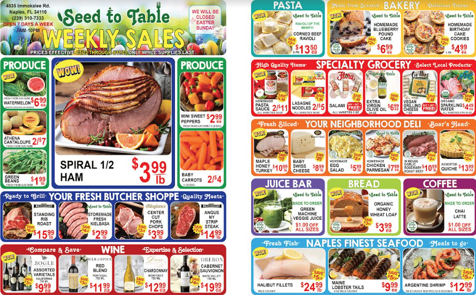 A menu of food that is in the back.