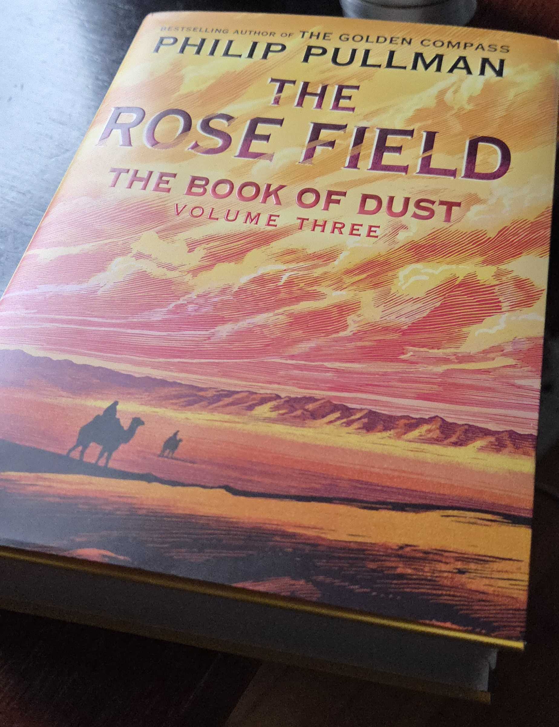 Cover of The Rose Field by Philip Pullman. It depicts a sweeping desert landscape, low and bare mountains in the distance, with two silhouetted figures on camels in the middle distance. The sky is a riot of dramatic red and orange and yellow clouds and the whole landscape is in those colors as well.