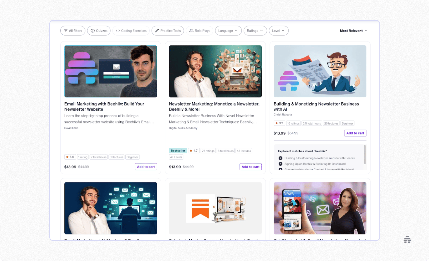 Online course marketplace page showing several beehiiv-related classes—including email marketing, newsletter monetization, and AI-powered newsletter building—designed to help creators grow and earn from their newsletters.