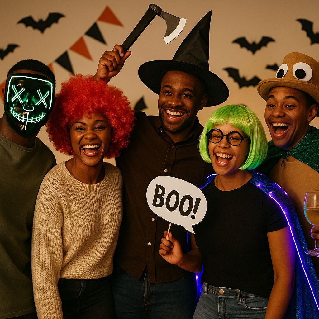 A group of five Black friends at a Halloween party wearing casual clothes enhanced with bold costume accessories like an LED mask, red and green wigs, a witch hat, funny glasses, a glowing cape, and a frog hat, all smiling and posing in front of a festive backdrop with bats, banners, and jack-o’-lanterns.