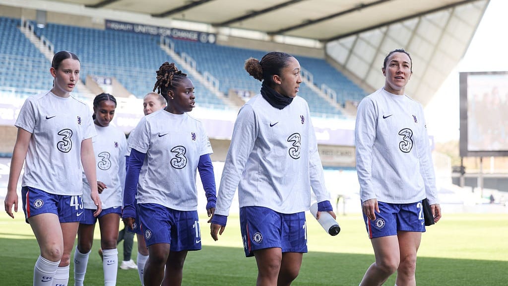Lucy Bronze, Lauren James and Sandy Baltimore of Chelsea during the warm up prior to the Barclays Women's Super League match between London City Lionesses and Chelsea FC.