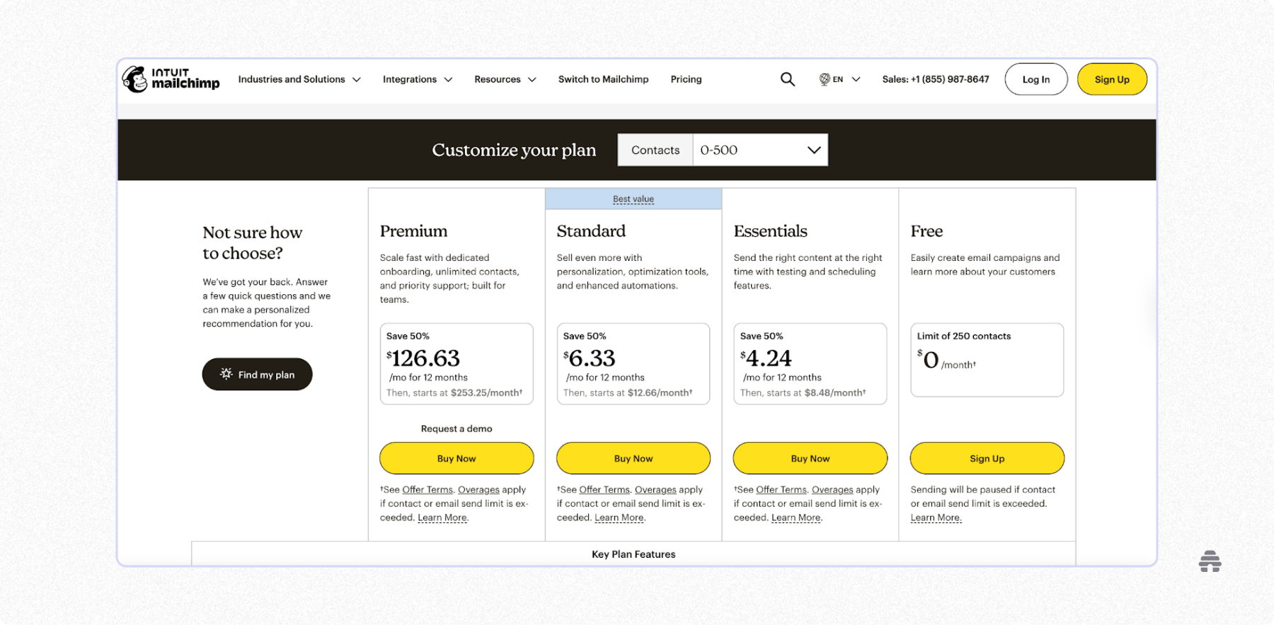 Mailchimp pricing page comparing Free, Essentials, Standard, and Premium plans based on contact limits and features. Used by beehiiv to illustrate email platform pricing differences creators consider when choosing a newsletter tool.
