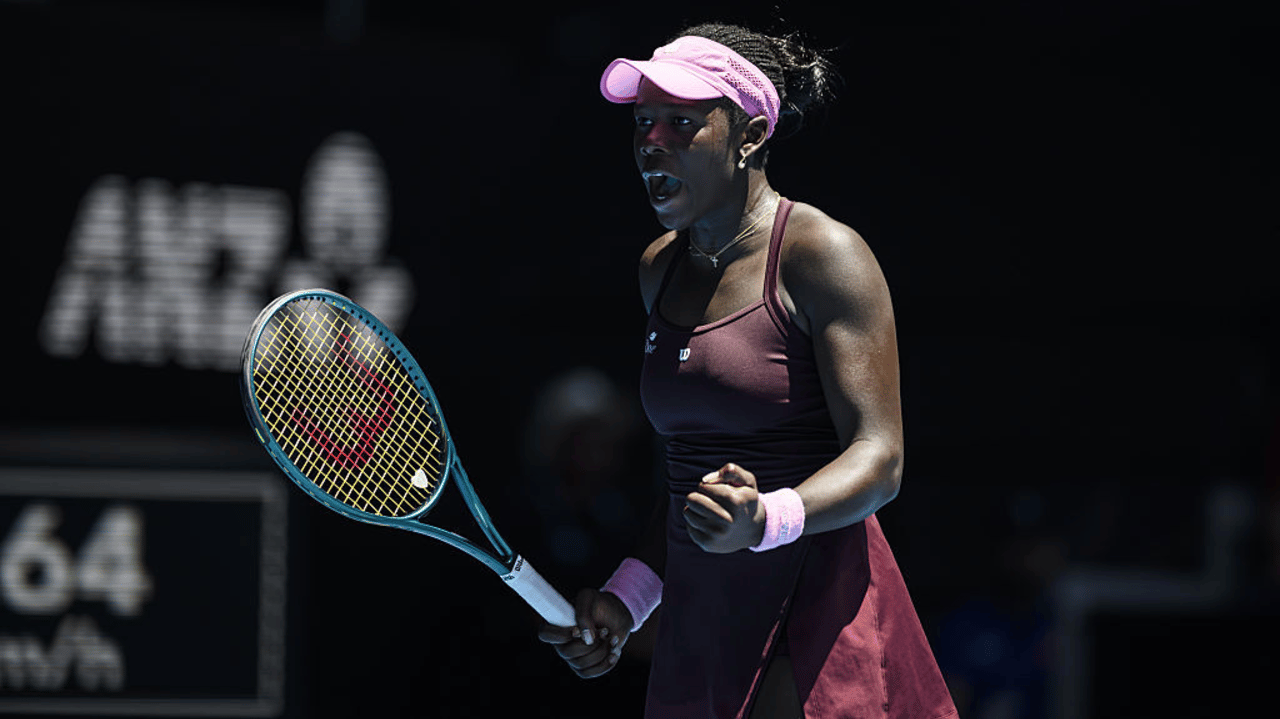 Victoria Mboko (CAN) reaction after scoring a point against Clara Tauson (DEN) (not seen) in round 3 of the Australian Open grand slam tennis tournament at Melbourne Park in Melbourne, Australia on January 23, 2026