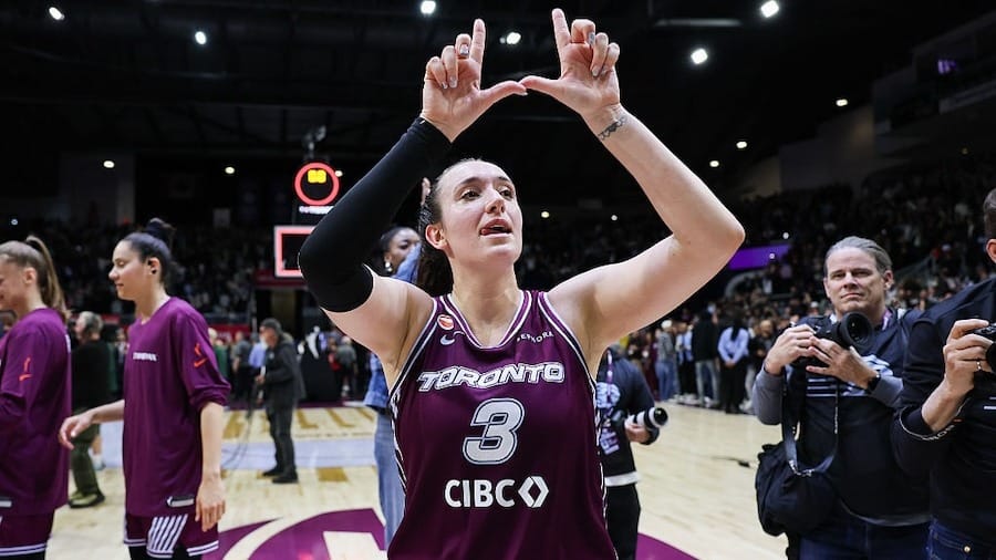 Marina Mabrey #3 of the Toronto Tempo celebrates after defeating the Seattle Storm 86-73 at Coca-Cola Coliseum on May 13, 2026 in Toronto, Ontario, Canada