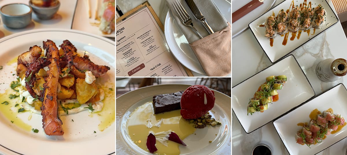 Selection of dishes from Negroni Caffe Bar in Beverly Hills including grilled octopus with potatoes, sushi rolls, avocado tartare, and chocolate dessert with raspberry sorbet