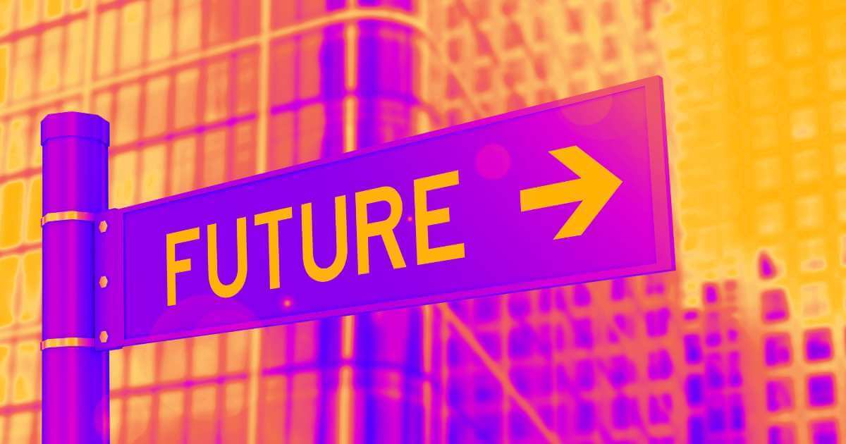 A purple street sign reading 'FUTURE' with an arrow pointing right, set against a vibrant orange and pink gradient background with urban building silhouettes