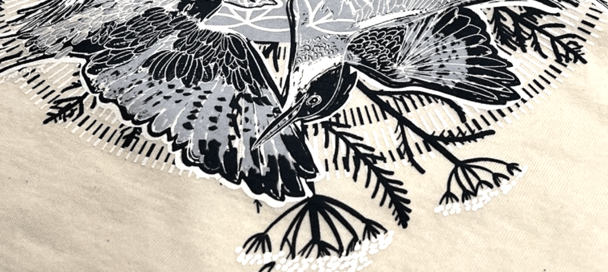 Closeup of our Kingfisher Clarity designs, graphic drawing in blues and white of yarrow, hatch marks, and kingfishers in flight