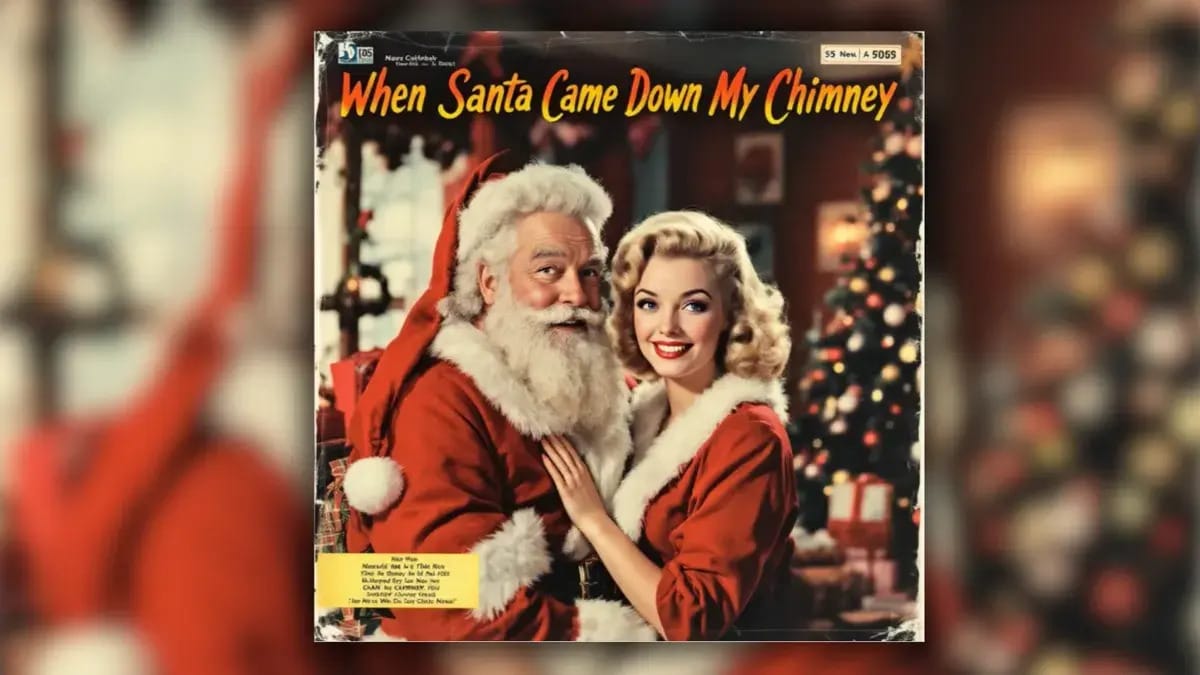 An image appears to show an album cover with a white man and woman looking at the camera wearing red and white outfits. The woman has her hand placed on the man's chest. You can see a Christmas tree faintky in the background.