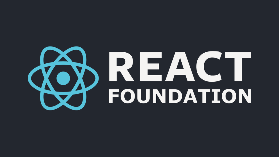 A dark background featuring the React Foundation logo: a stylized blue atom icon to the left of the bold white text “REACT FOUNDATION.” The design is minimal and modern, reflecting the branding of the new open-source foundation.