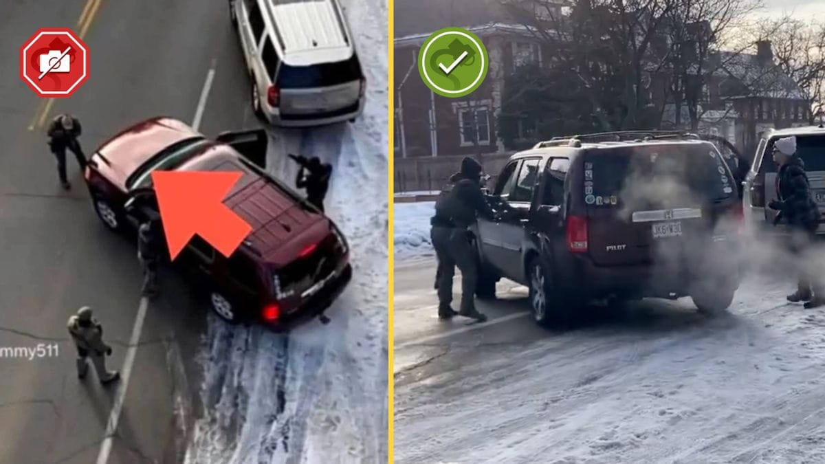 Side-by-side images of a car surrounded by federal agents. The left image, which shows the car in front of an agent, has a logo on it denoting a fake rating and the right image