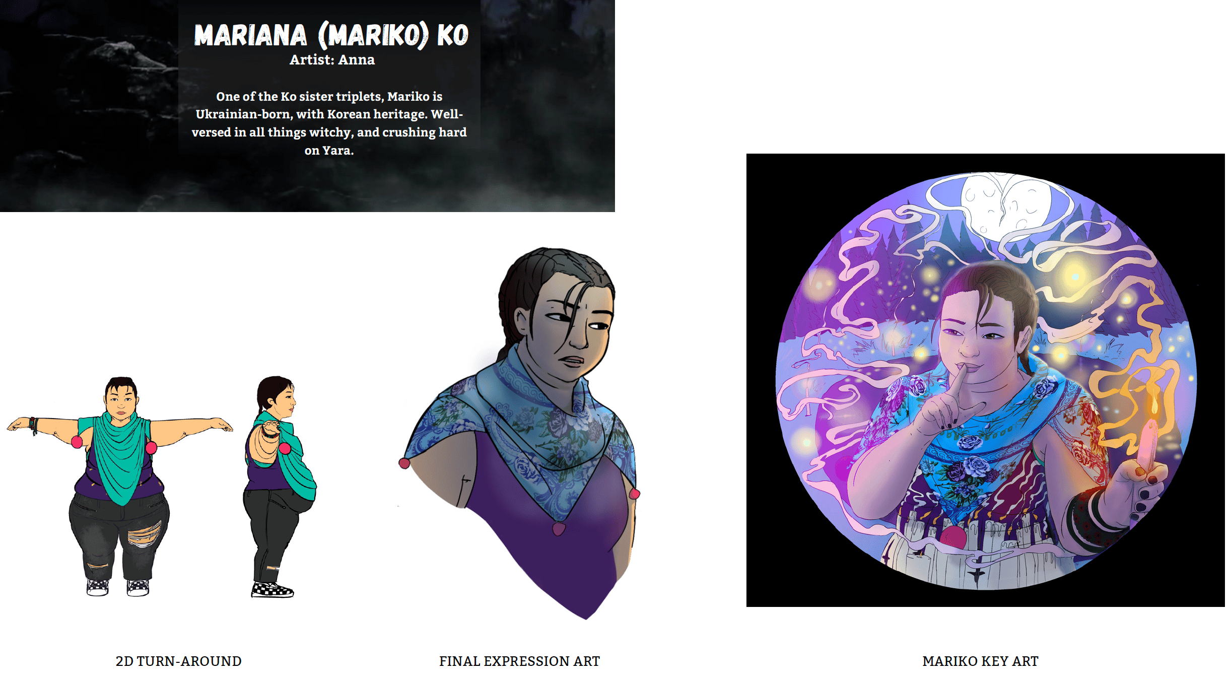 Various stags of art for Mariana, a curvy woman with short black hair, showing 2D turn around art, final expression art, and key art. Text reads, "Mariana (Mariko) Ko (Artist: Anna). One of the Ko sister triplets, Mariko is Ukrainian-born, with Korean heritage. Well-versed in all things witchy, and crushing hard on Yara."