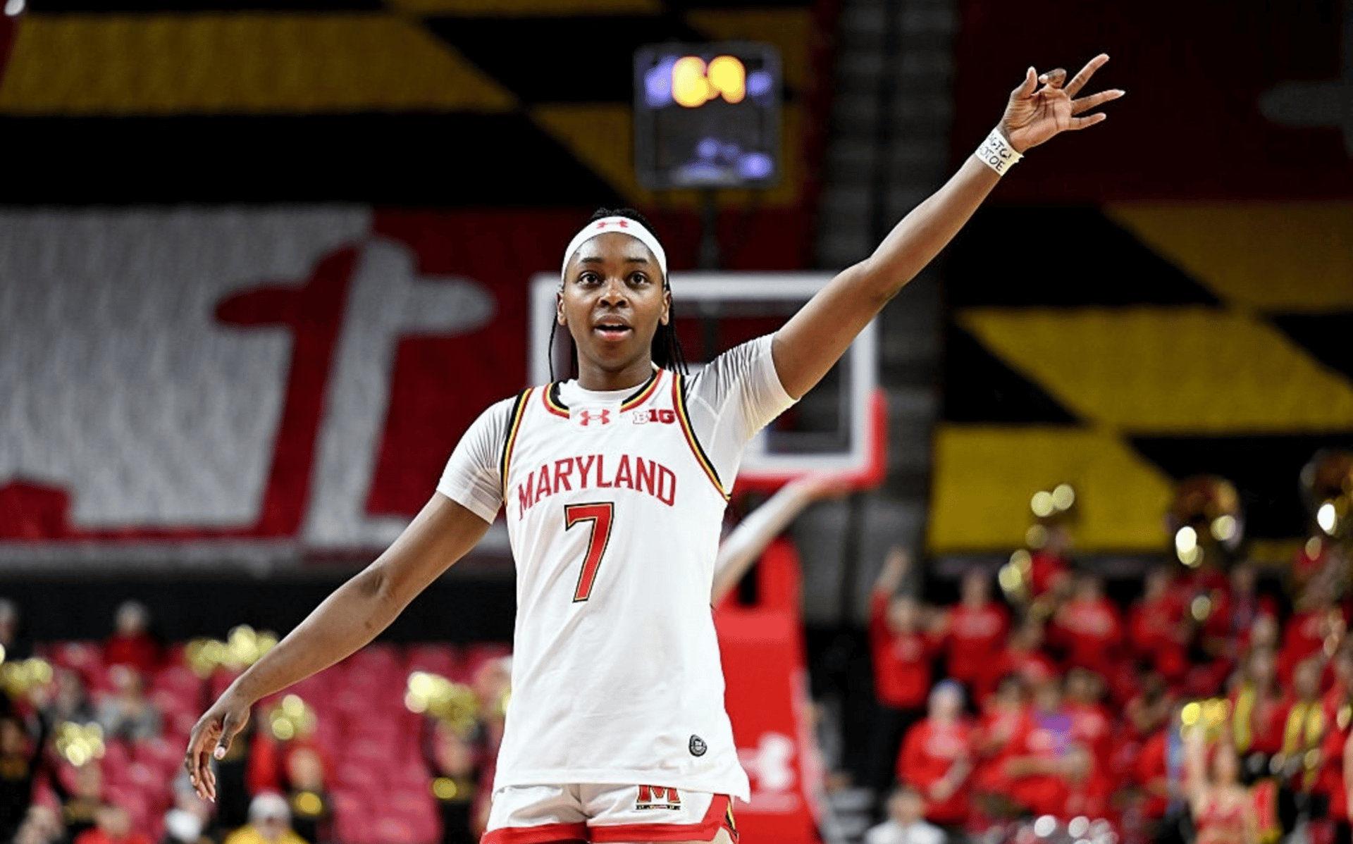Oluchi Okananwa #7 of the Maryland Terrapins celebrates during the game against the Princeton Tigers