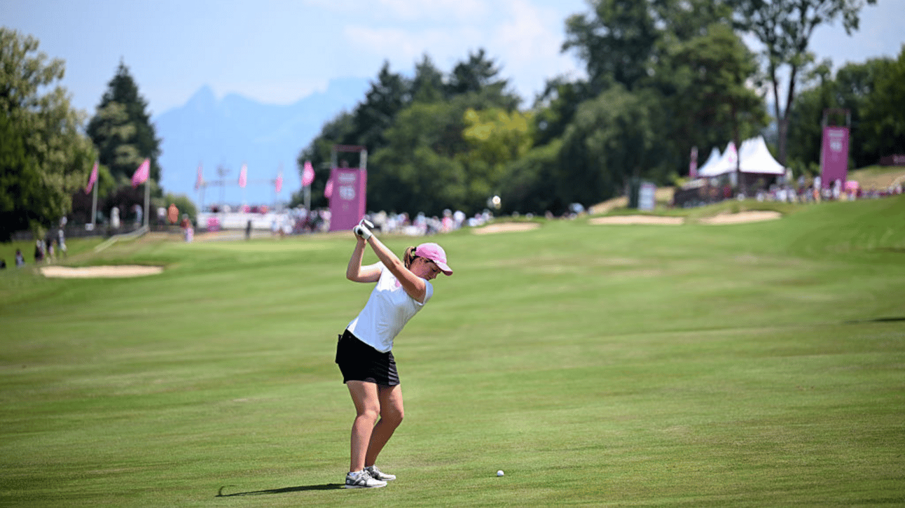 Lottie Woad of England plays her second shot on the 15th hole during the final round of The Amundi Evian Championship 2025