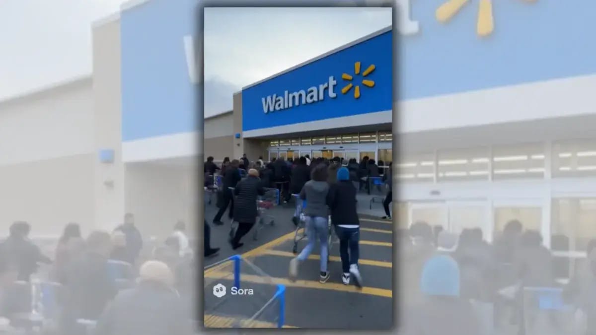 A group of people are shown running through a into a blue building that says Walmart on it.parking lot