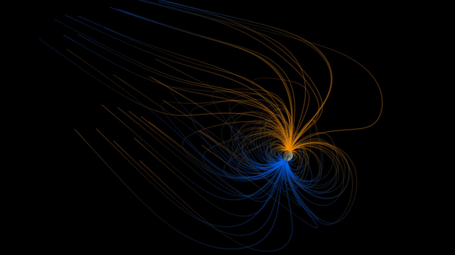 A visualization depicts Earth’s magnetosphere, illustrating how the planet’s magnetic field might appear from space.