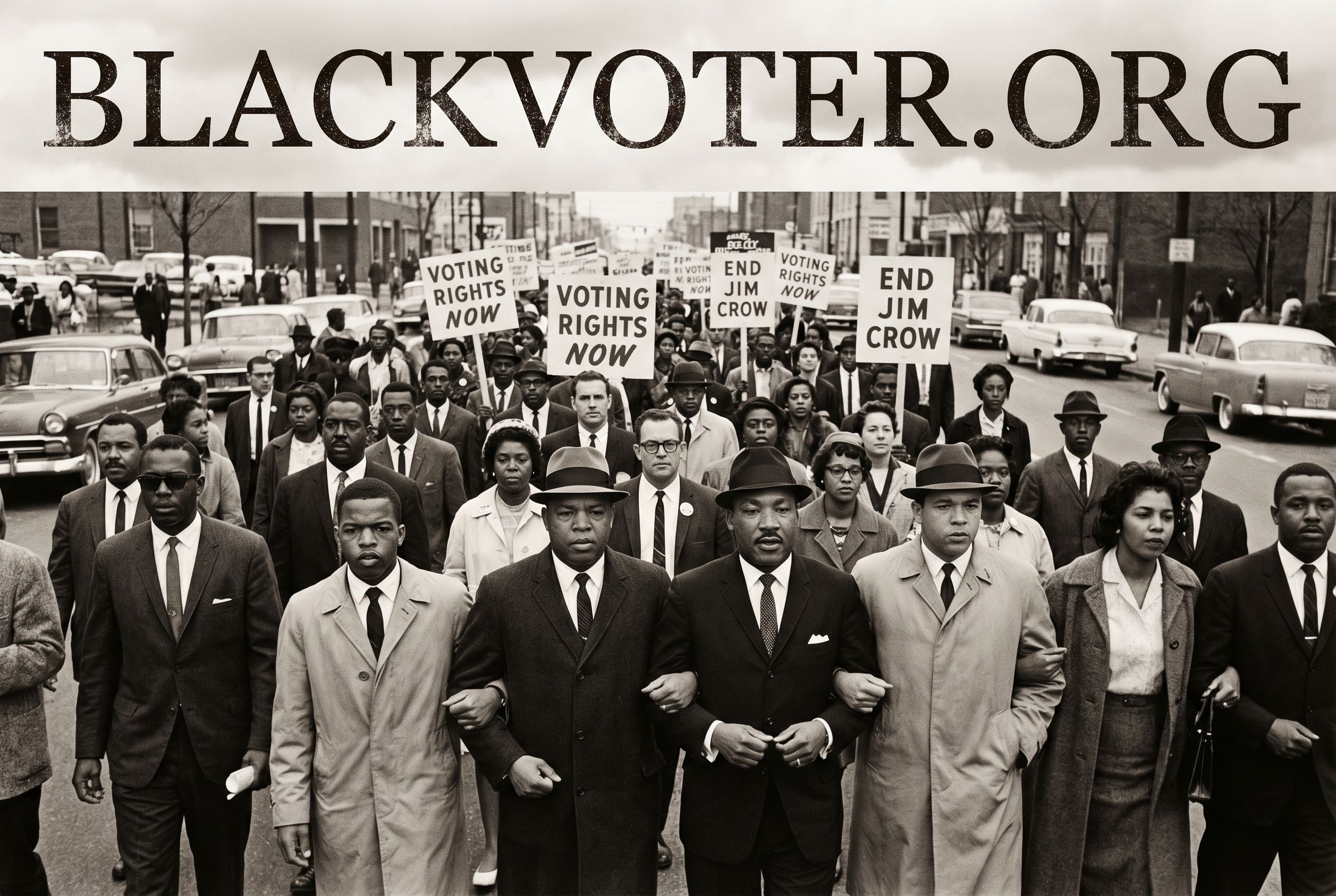 A sepia-toned image depicting a 1960s civil rights march. The scene includes a large crowd of African American activists holding signs like “Voting Rights Now” and “End Jim Crow.” Martin Luther King Jr. and John Lewis are at the forefront, determined expr