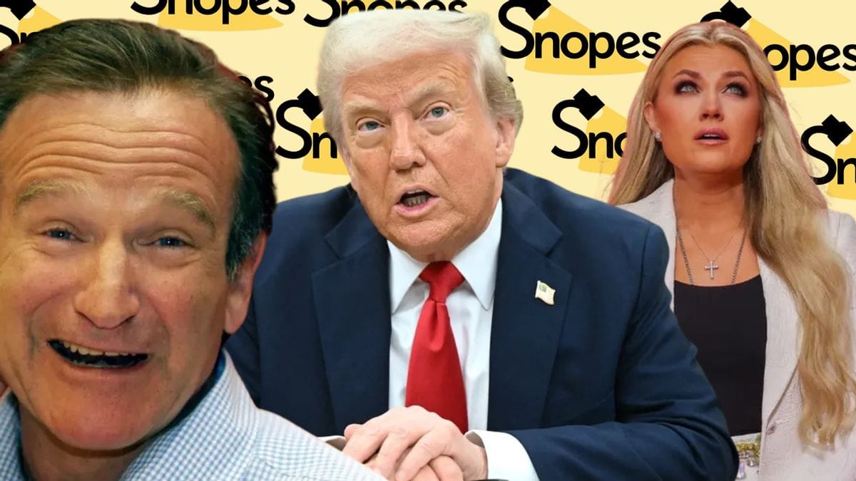 From left to right, a white man wearinga white collered shirt, a white man wearing a blue suit and a white woman are seen. A black "Snopes" logo can be seen behind them.
