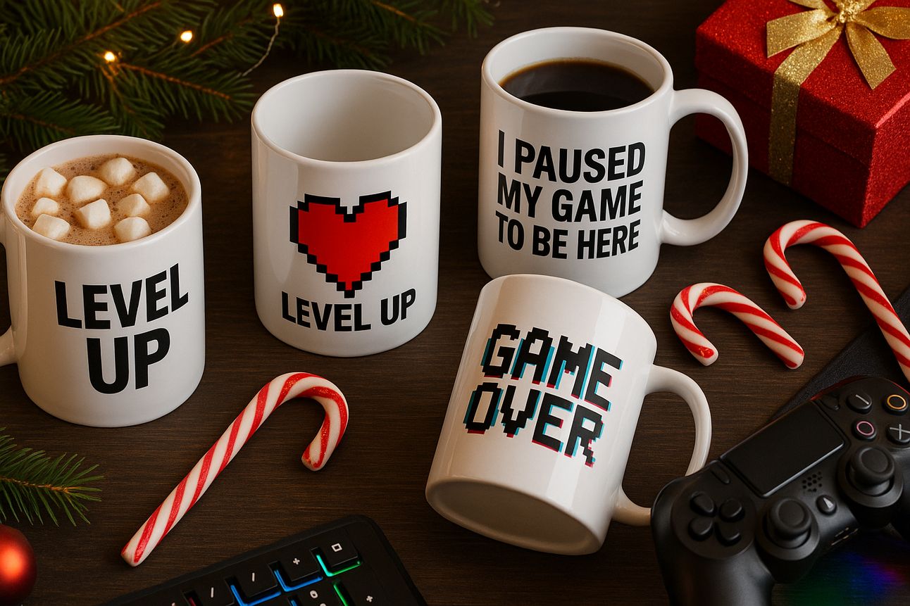A festive flat lay featuring four gamer mugs with bold quotes and pixel art designs, including phrases like “Just One More Game” and “Respawn Juice.” The mugs are surrounded by holiday-themed elements such as candy canes, marshmallows, a cup of hot cocoa, and RGB-lit gaming accessories including a keyboard and controller. The scene is set on a dark tabletop with warm, cozy lighting, creating a cheerful holiday vibe for gamers.