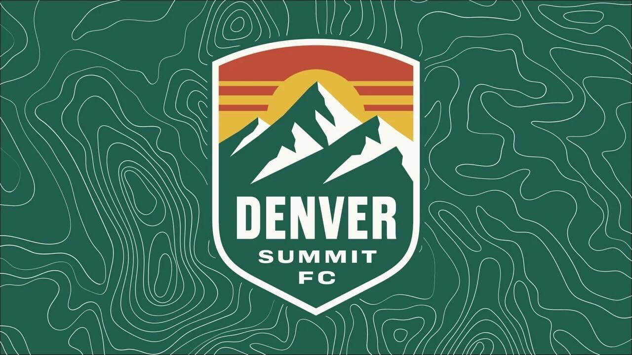 Logo and crest for incoming Denver NWSL team Denver Summit FC set against a green backdrop