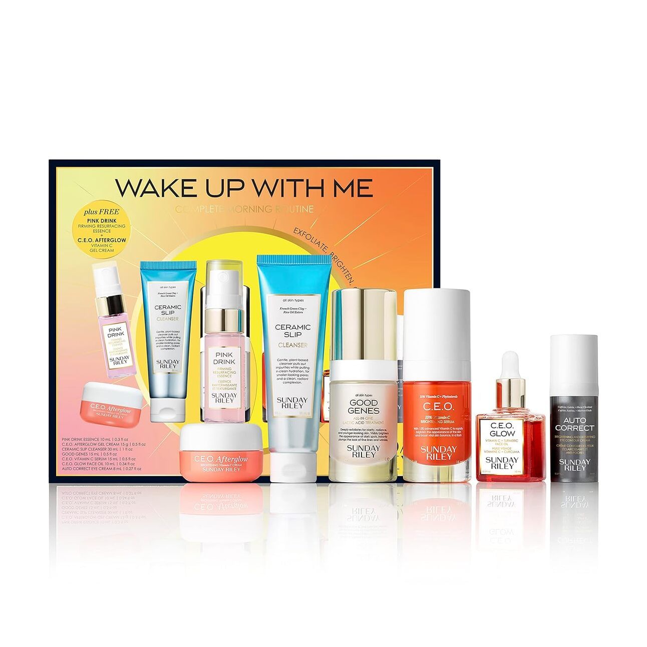 Sunday Riley Radiance Routine Sunday Riley skincare set with colorful labeled bottles for morning use, including Vitamin C serum and hydrating essentials, placed on a clean vanity.