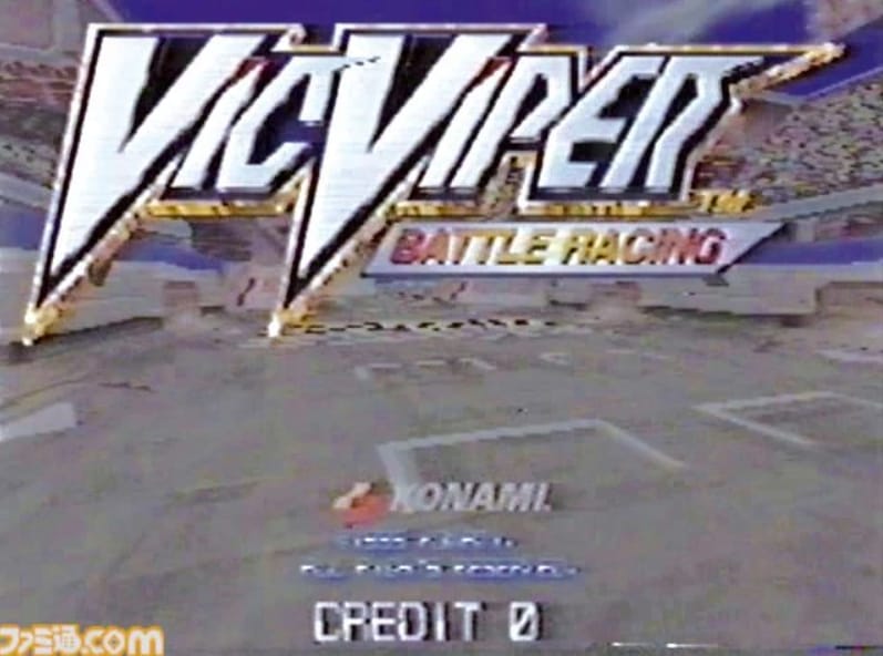A muddied screenshot of the title screen of Vic Viper: Battle Racing, which shows off very little besides the logo and what appears to be a crowd at a racetrack.