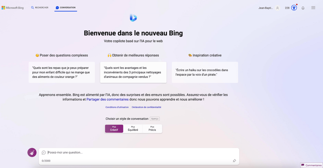 écran d'accueil bing ai