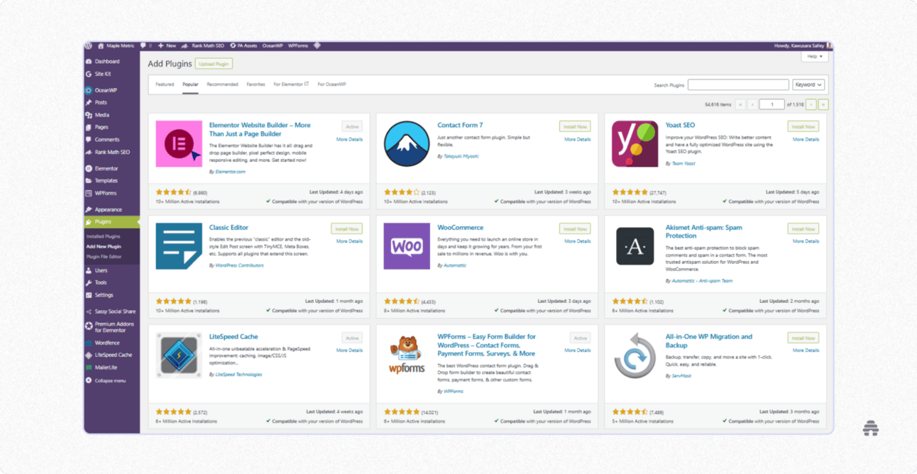 WordPress plugin library showing popular plugins like Elementor, WooCommerce, Yoast SEO, and Contact Form 7 available for installation. Highlights how creators extend WordPress site functionality with plugins for design, SEO, e-commerce, and forms.
