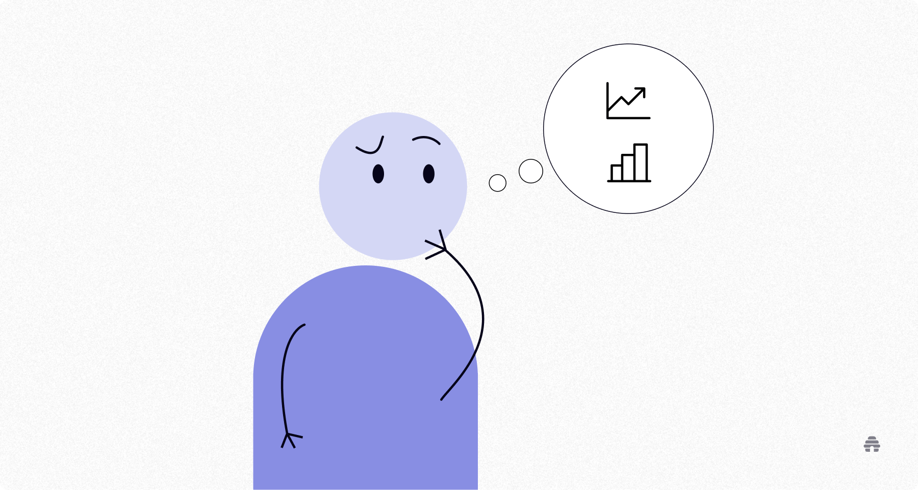 Illustration of a creator analyzing growth and performance metrics, representing strategic thinking around optimizing newsletter engagement and ad revenue on beehiiv.