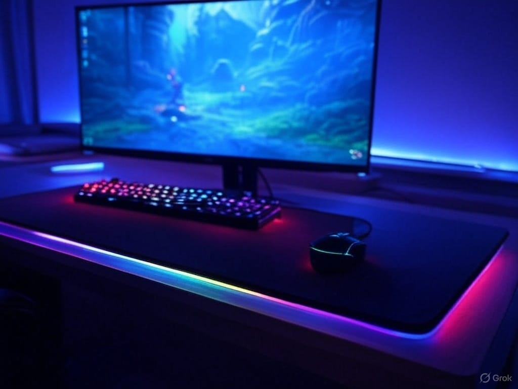 A sleek mouse pad with glowing RGB accents in blue, purple, and pink sits on a modern desk, paired with an RGB keyboard and mouse. A monitor displays a vibrant game world with a mystical blue landscape and green terrain. The dimly lit room is illuminated by dynamic blue and purple lighting, capturing the festive thrill of Christmas gaming, in a 16:9 aspect ratio.