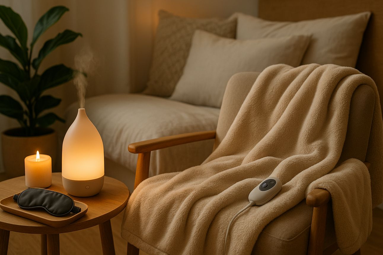 A photograph captures a cozy bedroom corner in warm, ambient lighting. A soft, beige heated blanket is draped over a cushioned armchair, with a remote control resting on top. Next to the chair, a round wooden side table holds a glowing diffuser emitting gentle mist, a lit candle, and a black silk eye mask on a tray. Behind the setup, a bed layered with plush neutral pillows and a potted green plant complete the serene, spa-like atmosphere.